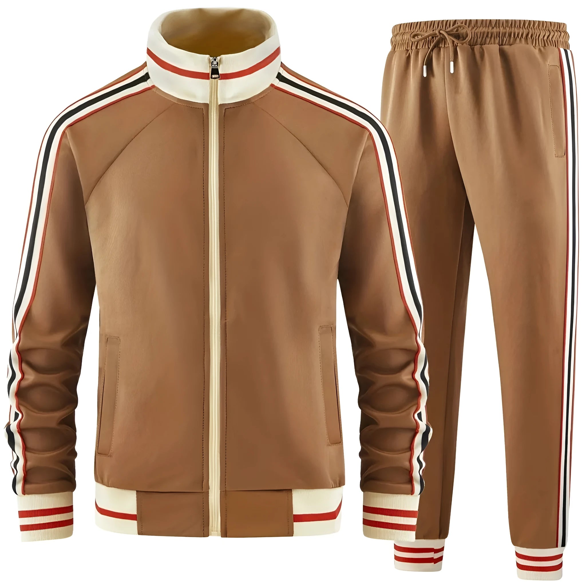 Men's khaki casual streetwear trousers suit with turtleneck zipper cardigan and matching trousers.