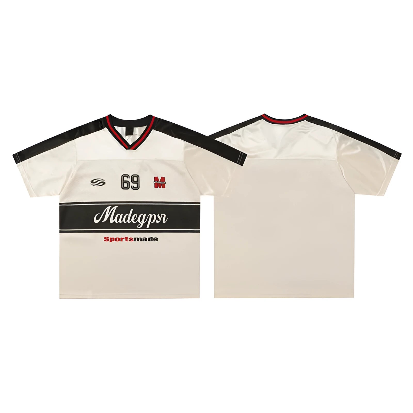Apricot coloured loose fit sports V-neck jersey with short sleeves and a letter pattern.