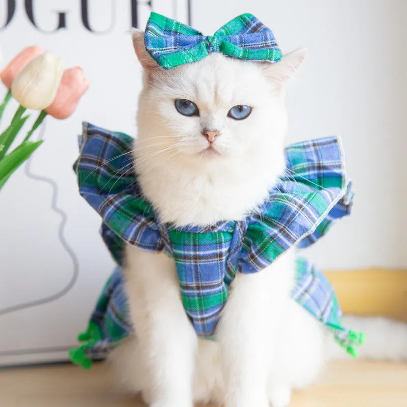 Pet wearing red Christmas tartan skirt with matching bow tie head flower