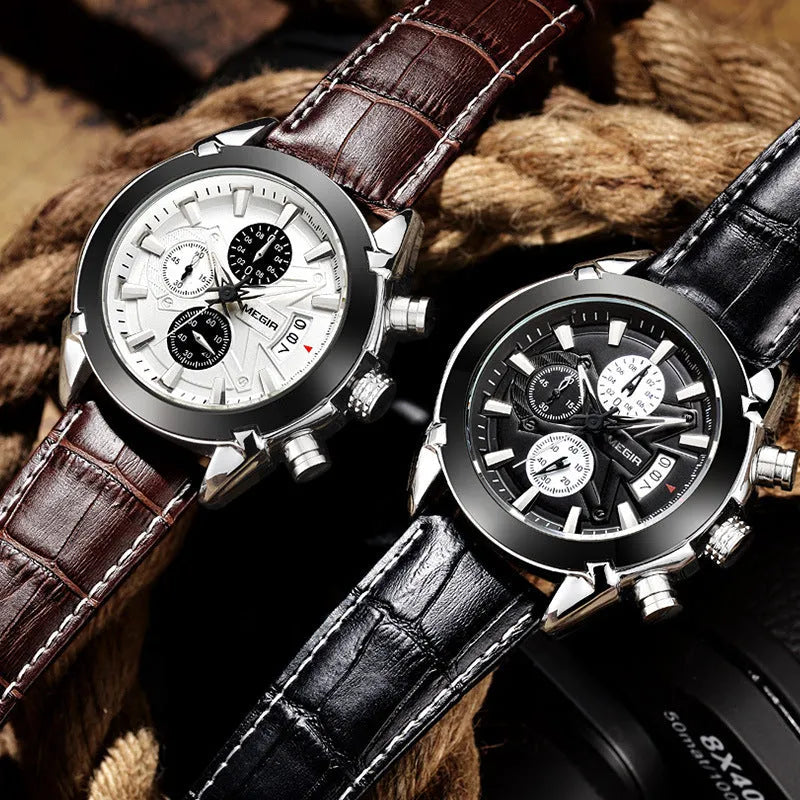 Men's multifunctional quartz watch with three-eye display and luminous hands in waterproof construction