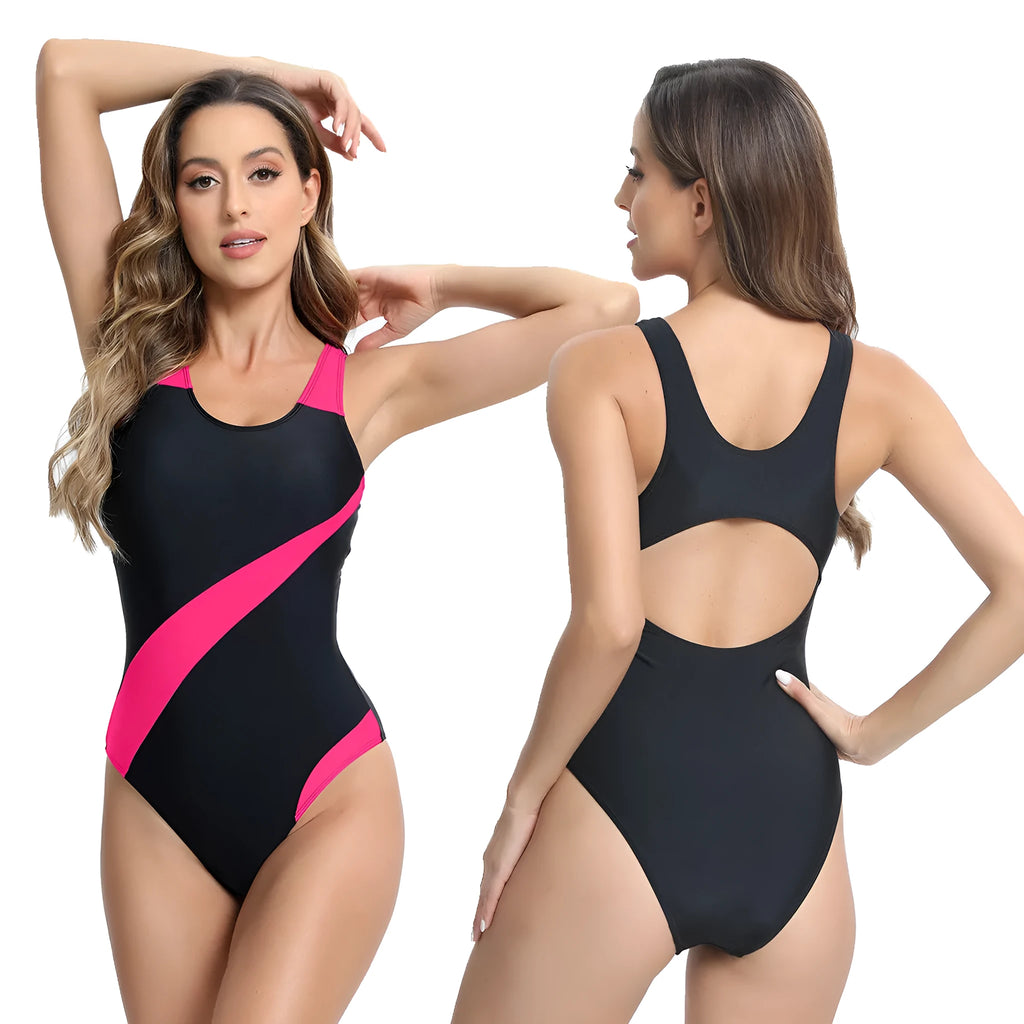 Women's sleeveless one-piece swimsuit in polyester, shown in rose red, blue, and white colours.
