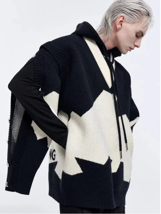 Men's ink gray black colour block long sleeve embroidered pullover hoodie jacket on hanger