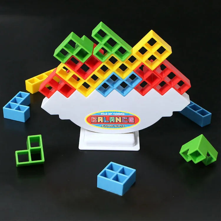 Balance stacking game set with plastic building blocks and wooden chassis