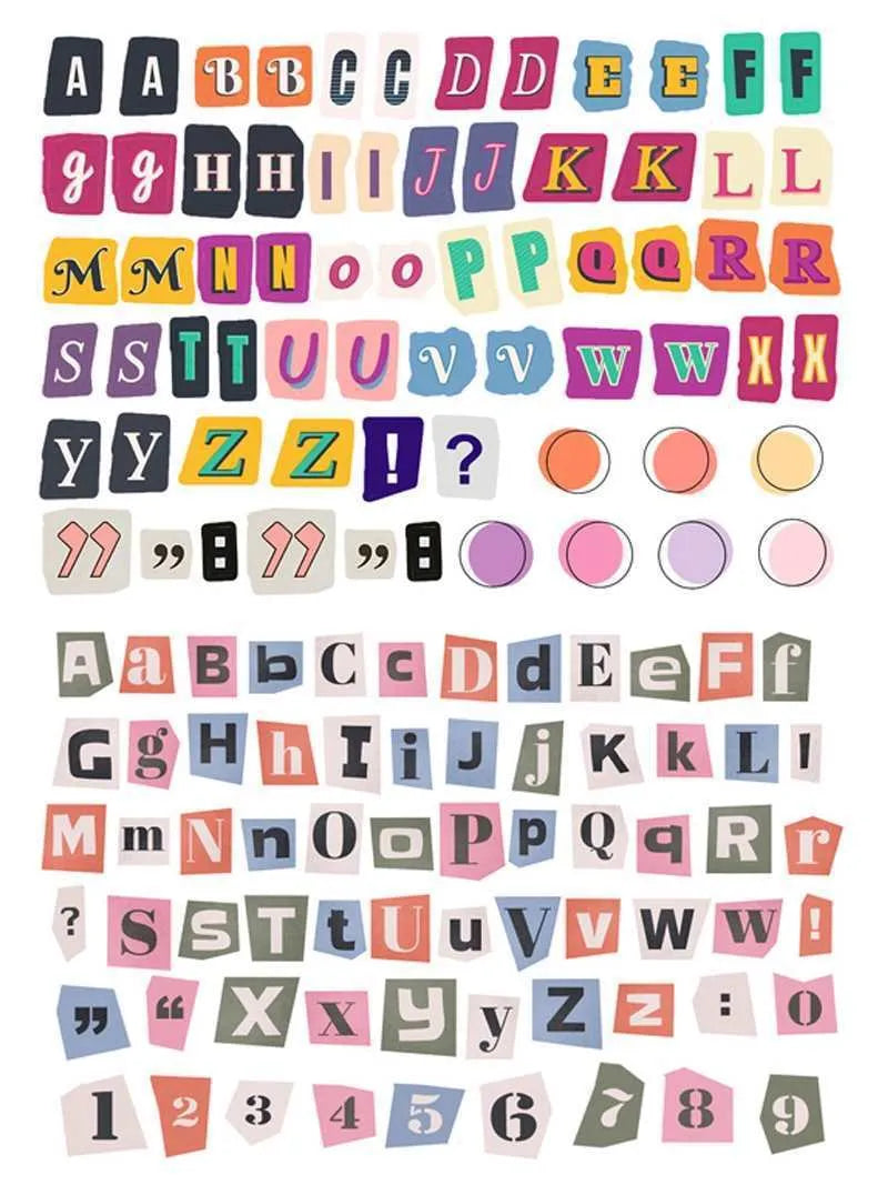 English letters and numbers symbol label sticker sheets showing alphabet sets and week words for decoration