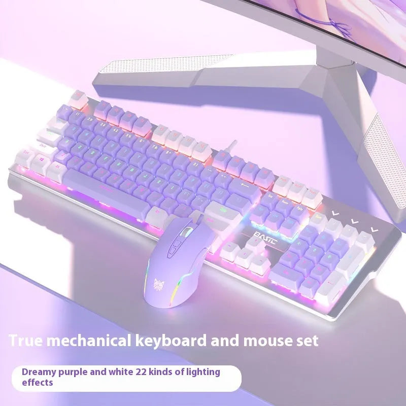 Purple and white mechanical keyboard and mouse combo with backlight illumination and headphones