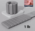 Silicone weight-bearing bracelet with Velcro strap and detachable weight, shown in various colours.