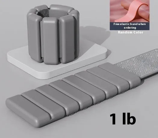 Silicone weight-bearing bracelet with Velcro strap and detachable weight, shown in various colours.