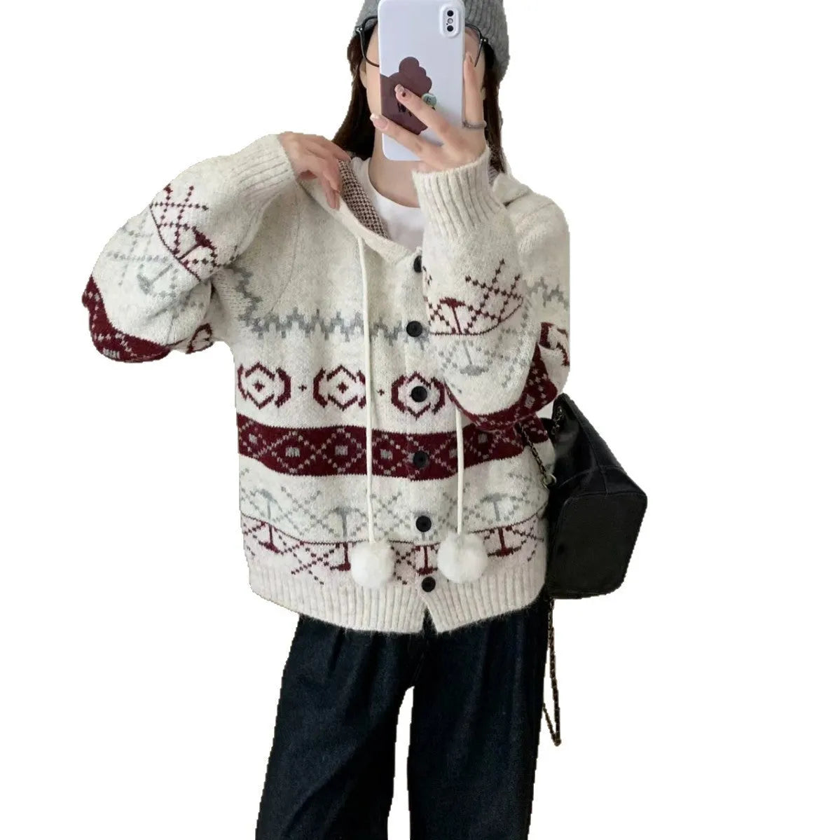 Geometric pattern loose brocade sweater coat for women in grey