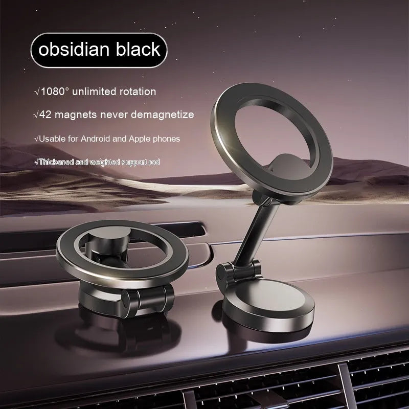 All-metal foldable magnetic car phone mount in Qian colour showing dashboard placement with phone attached