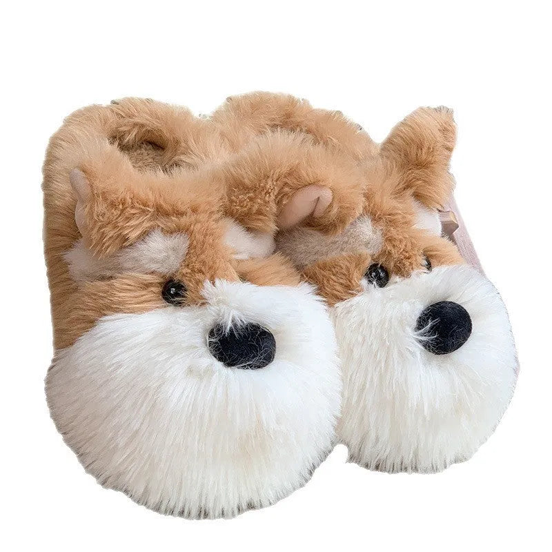 Cartoon Schnauzer puppy pattern plush slippers in gray for men and women with flat heel