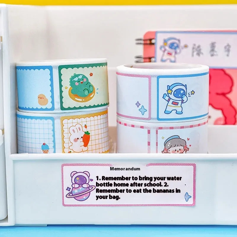 Cartoon name tape stickers in dinosaur, astronaut, rabbit, and girl designs
