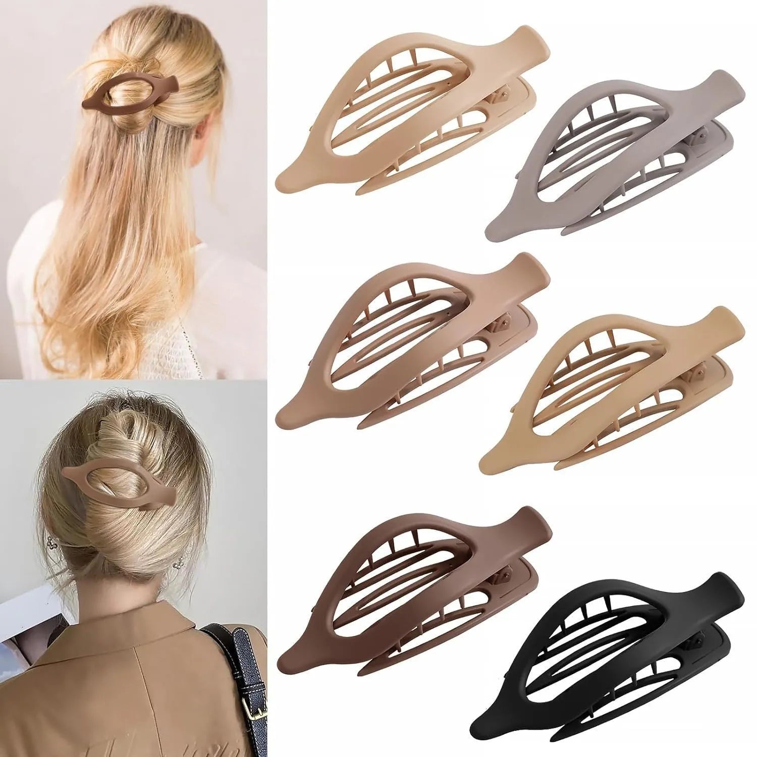 Six simple quadrilateral hair clips with frosted finish in nude and rose red colours