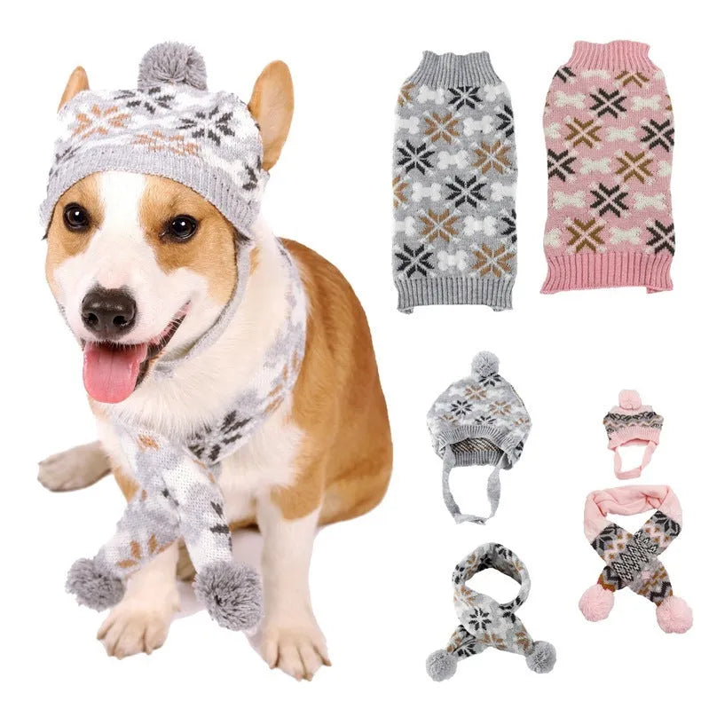 Japanese-style retro jacquard pet sweater, scarf and hat set in grey or pink colours for small dogs and cats