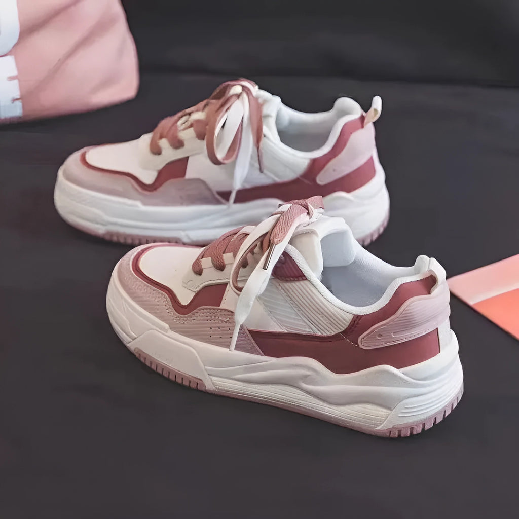 Women's beige and pink low-top sneakers with rubber sole and height-increasing design