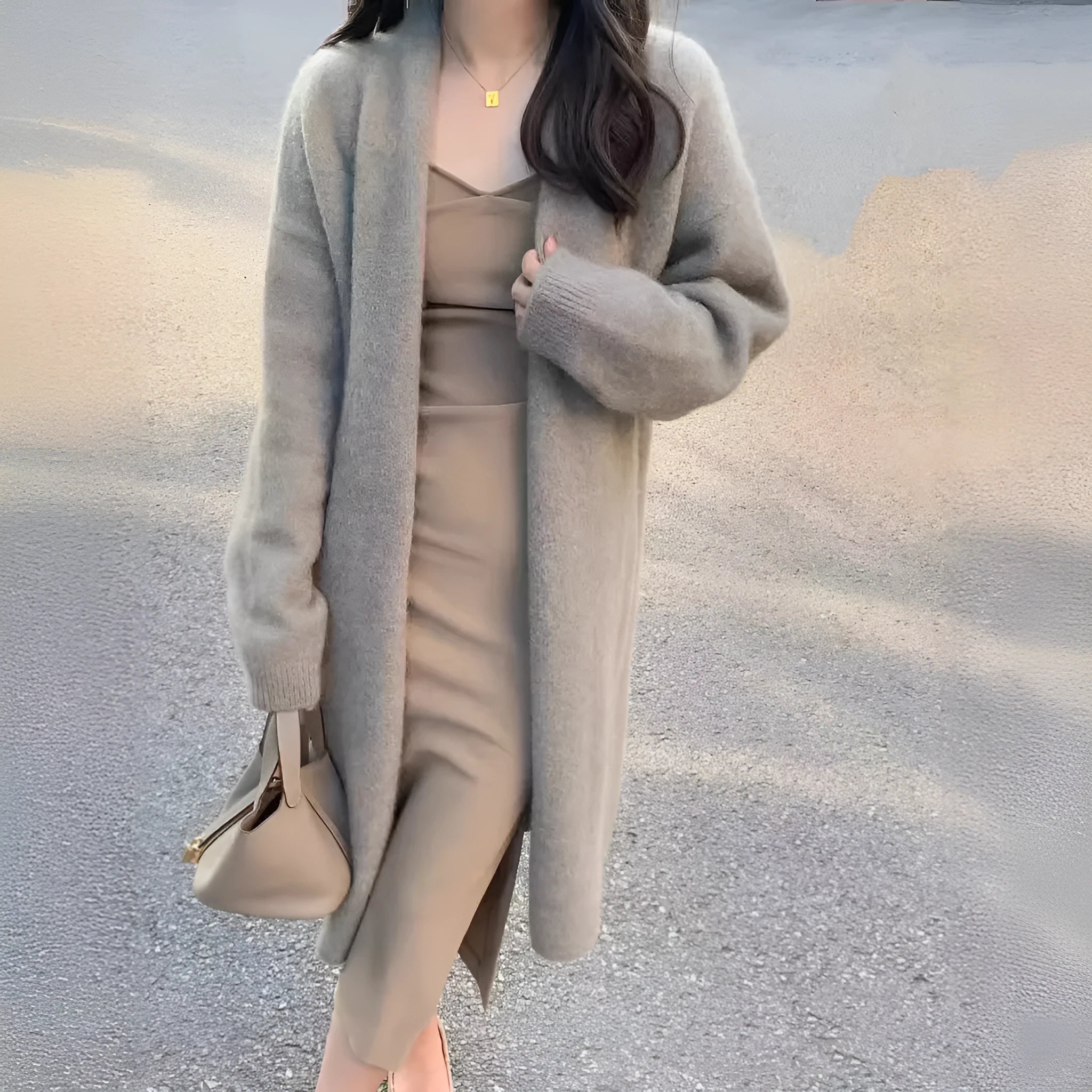 Women's khaki knitted v-neck cardigan with long sleeves on a hanger.