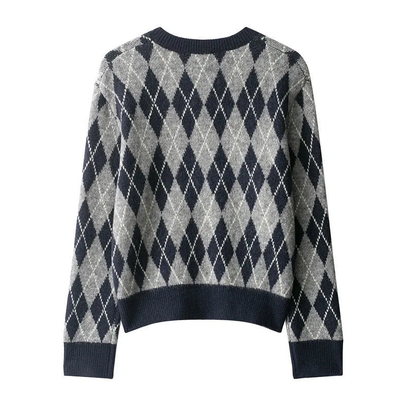 Women's contrast-colour diamond pattern knit sweater pullover long sleeves regular fit casual top