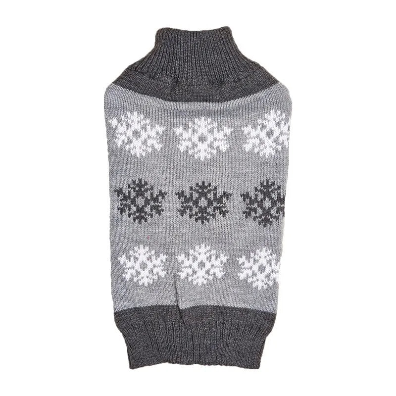 Brown and grey dog sweater with snowflake pattern for Christmas and winter wear.