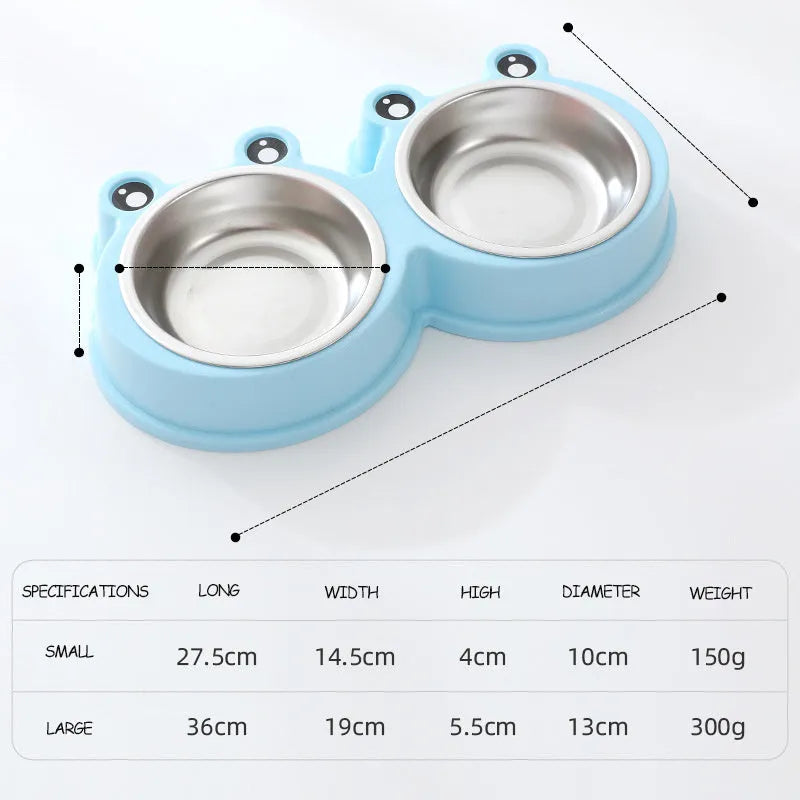 Stainless steel pet double bowl for cat and dog feeding in blue, green, and pink colours.