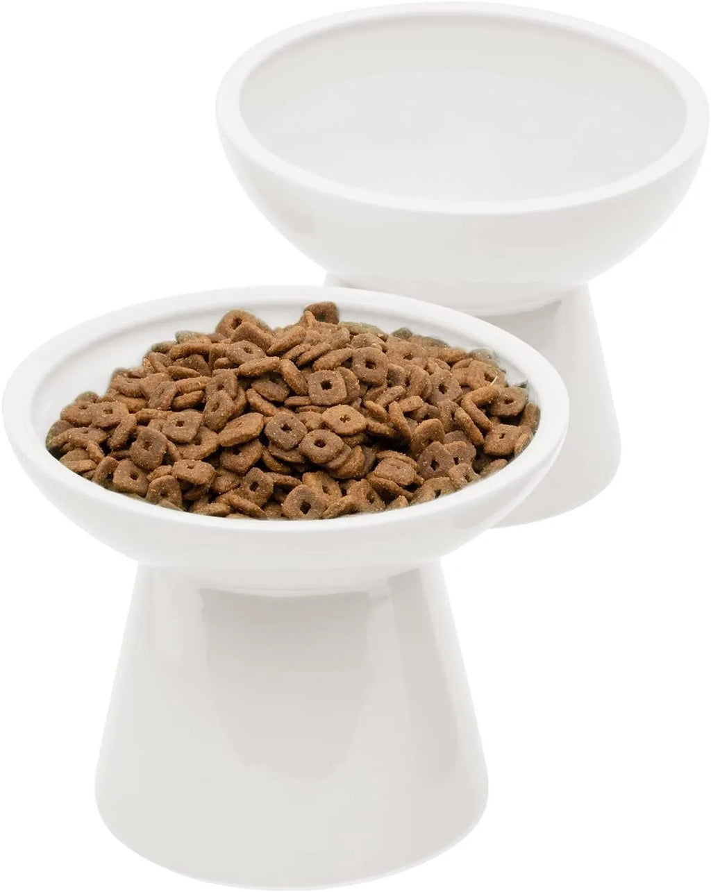 Blue ceramic elevated cat bowl with wide shallow design for comfortable feeding