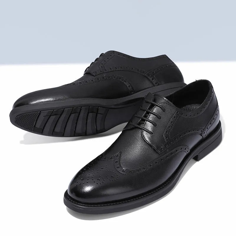 Men's black and brown brogue leather shoes for business wear with traditional perforated detailing