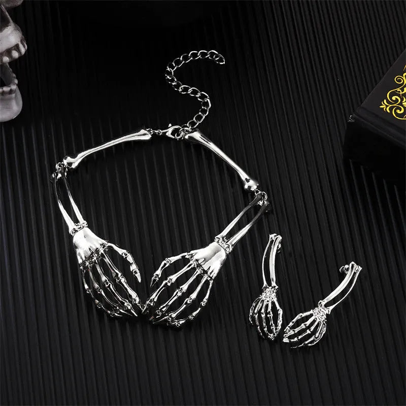 Dark style skull and ghost claw necklace and earrings set in electroplated alloy with adjustable chain
