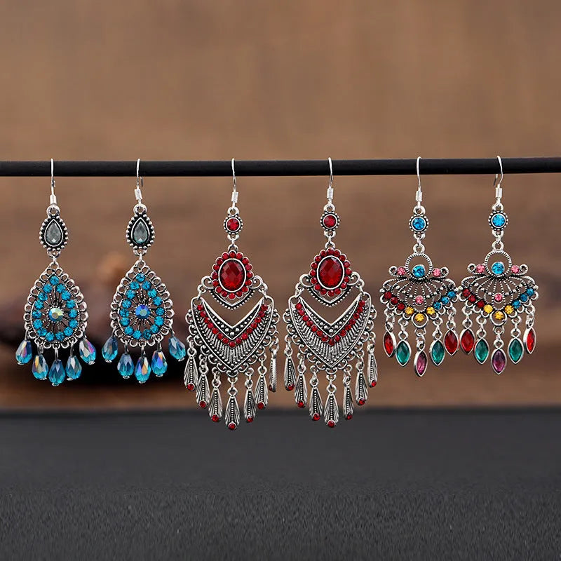 Purple retro crystal fringe earrings with ethnic styling and drop shape design