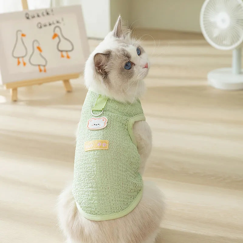 Cat wearing bear patch knitted clothing with hollowed-out breathable design in blue colour