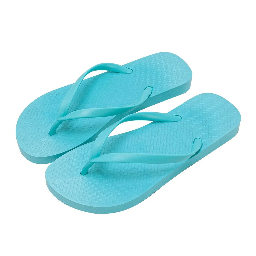 Flat casual slippers with plastic upper and non-slip PVC sole in orange, purple, black, and white colours.