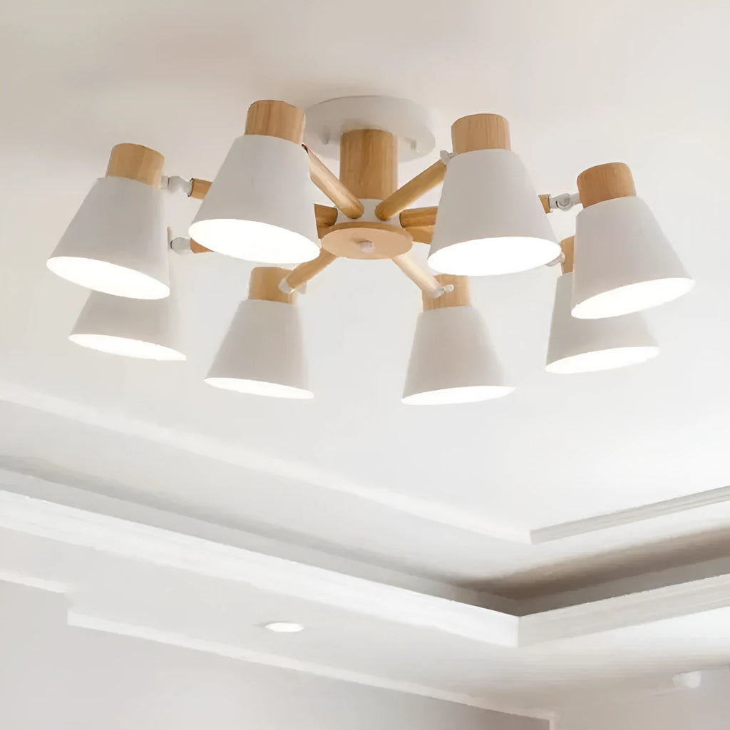 Nordic macaron style ceiling pendant lamp with ironwood frame showing multiple head configuration