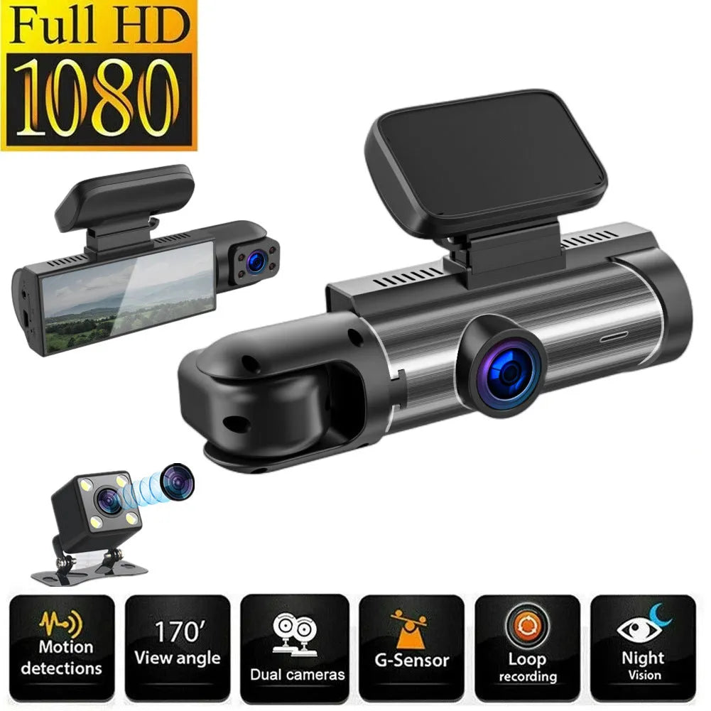 Dual-lens HD driving recorder with 3.5-inch LCD screen mounted on car windshield.