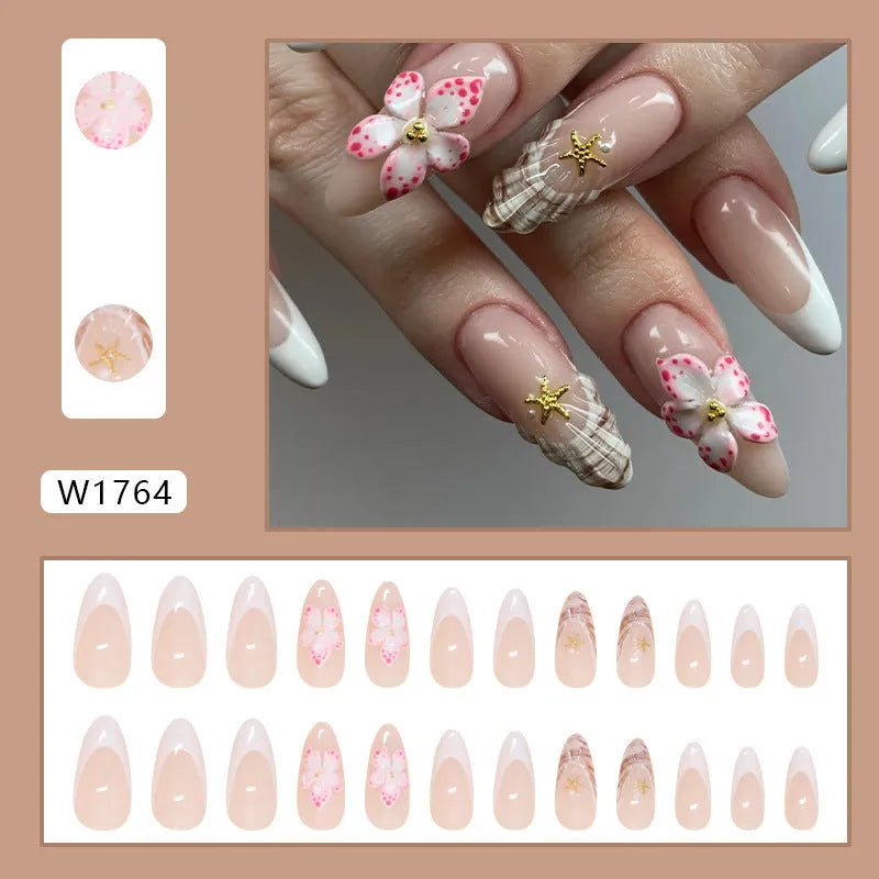 French style fake nails with rock pattern and simple flower design in colour W1764