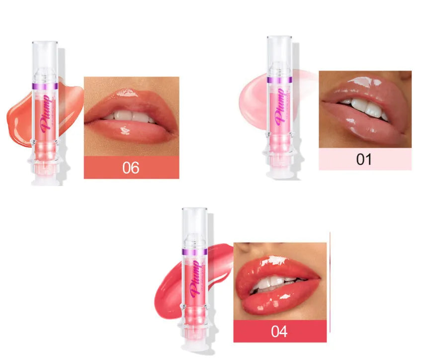 Lip gloss tube with mirror finish showing shiny application on lips