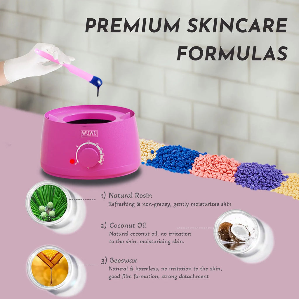Professional 52-piece waxing kit with wax warmer, hard wax beans, applicator sticks, and aftercare products.