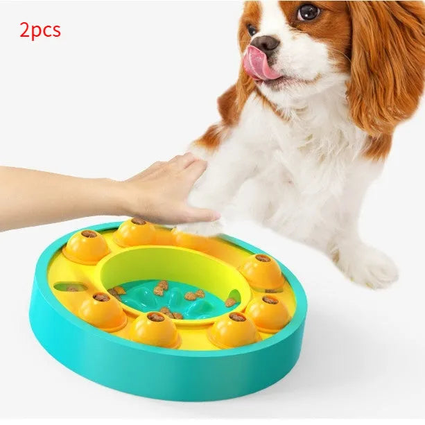 Lake Blue and Green interactive dog puzzle feeder bowl with slow-feeding column and non-slip rubber pads.