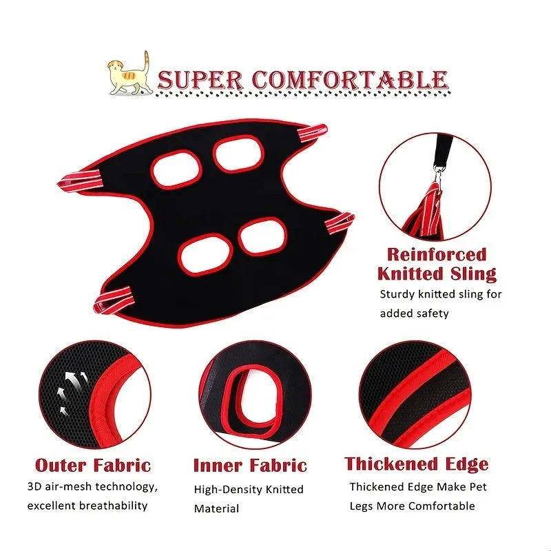 Pet grooming hammock with hanging restraint system for cat nail trimming and bath procedures