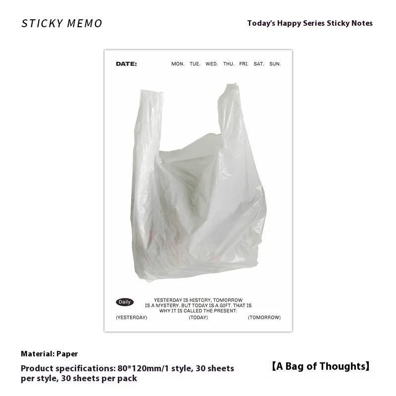Today's Happy Series square message notepad with 30 pages, 120x80mm size, showing cover design options.
