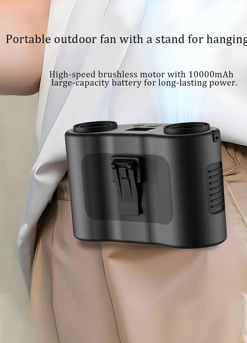 Black waist-hung portable personal fan with neck lanyard, shown in hand-held and hanging modes.
