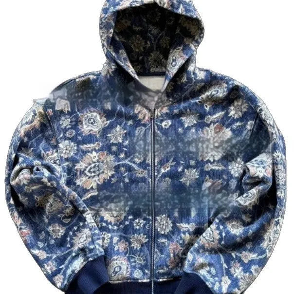 Men's blue loose hooded zip coat with long sleeves and casual styling