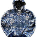 Men's blue loose hooded zip coat with long sleeves and casual styling