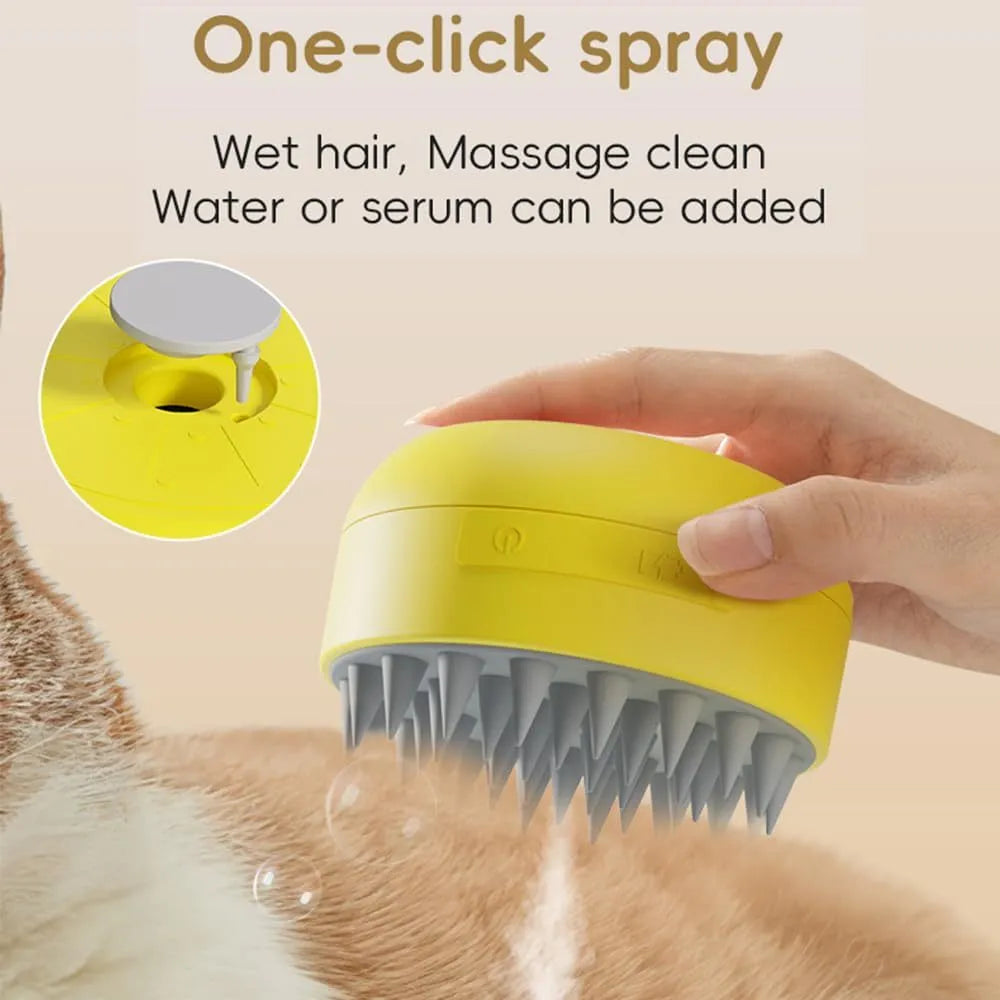 Green or yellow rechargeable pet steam brush with silicone bristles for grooming cats and dogs.