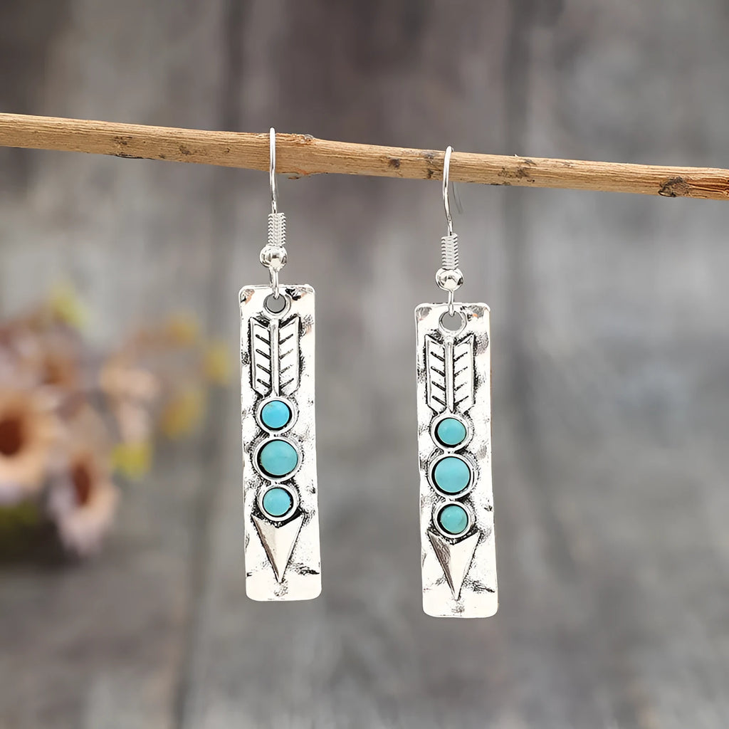 Silver geometric retro earrings with turquoise inlay on long strip zinc alloy design