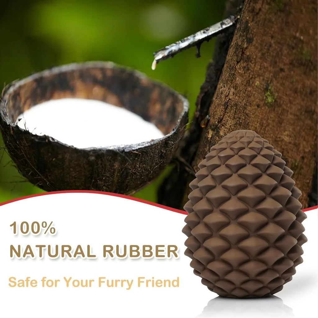 Natural rubber pine cone shaped dog chew toy with treat dispenser hole