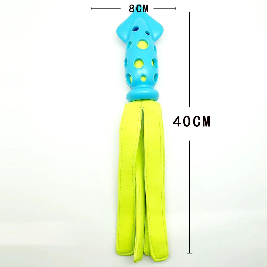 Blue cuttlefish-shaped dog chew toy with squeaky sound device for interactive play