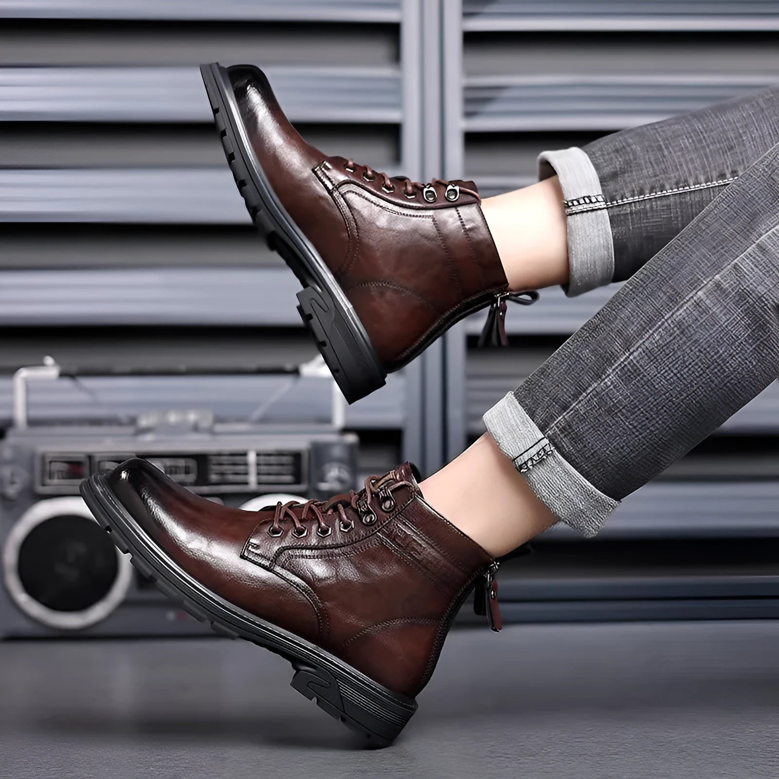 Black women's patent leather ankle boots with a low square heel and high cylinder shaft on a plain background.