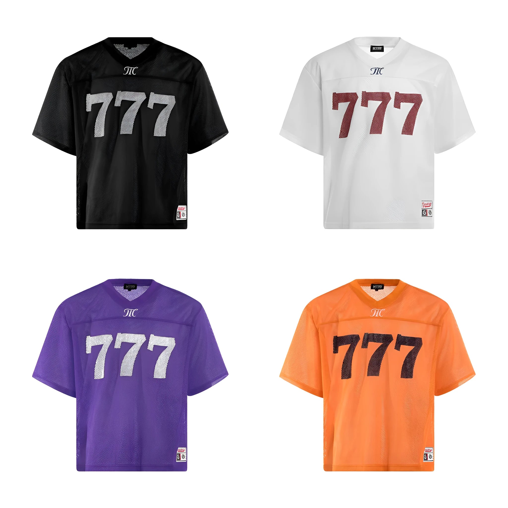Men's loose-fit retro style polyester t-shirt shown in black, white, purple, and orange colours.