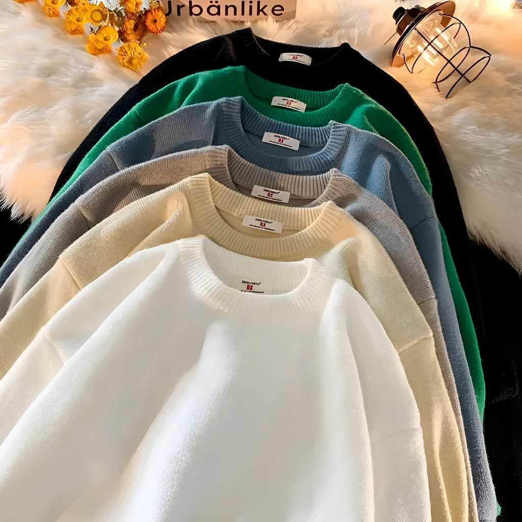 Men's loose round neck pullover sweater in multiple colour options: black, white, yellow, gray, light blue, and dark blue