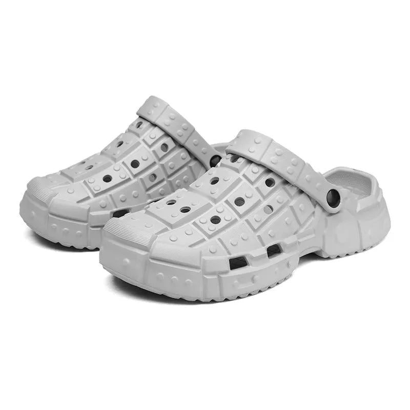 Men's hole shoes with thick EVA sole and toe holder design in sand colour