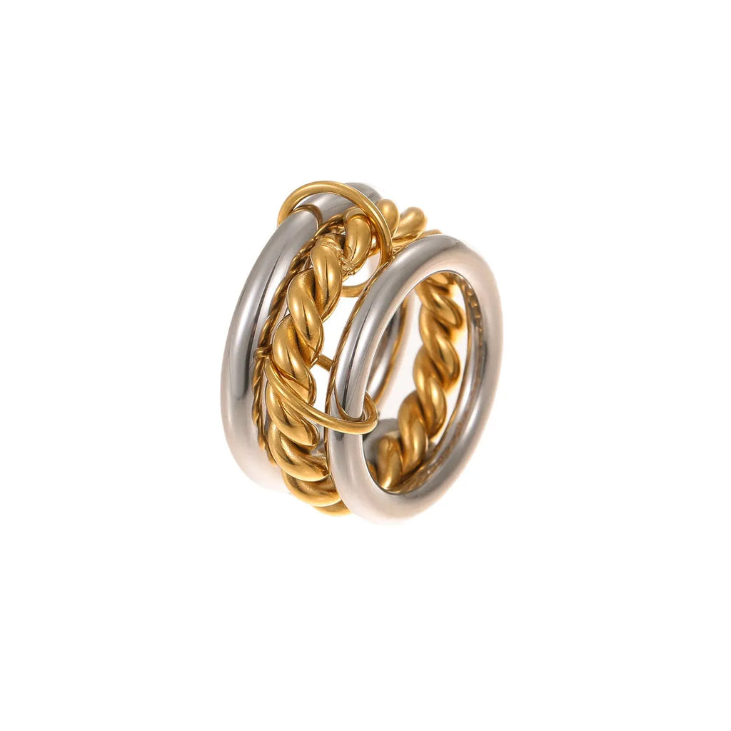 Three gold-plated geometric stacking rings with adjustable free size on hand