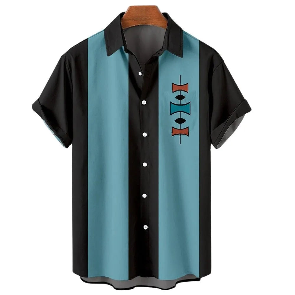 Men's striped Hawaiian shirt with button front and short sleeves in elastic polyester fabric