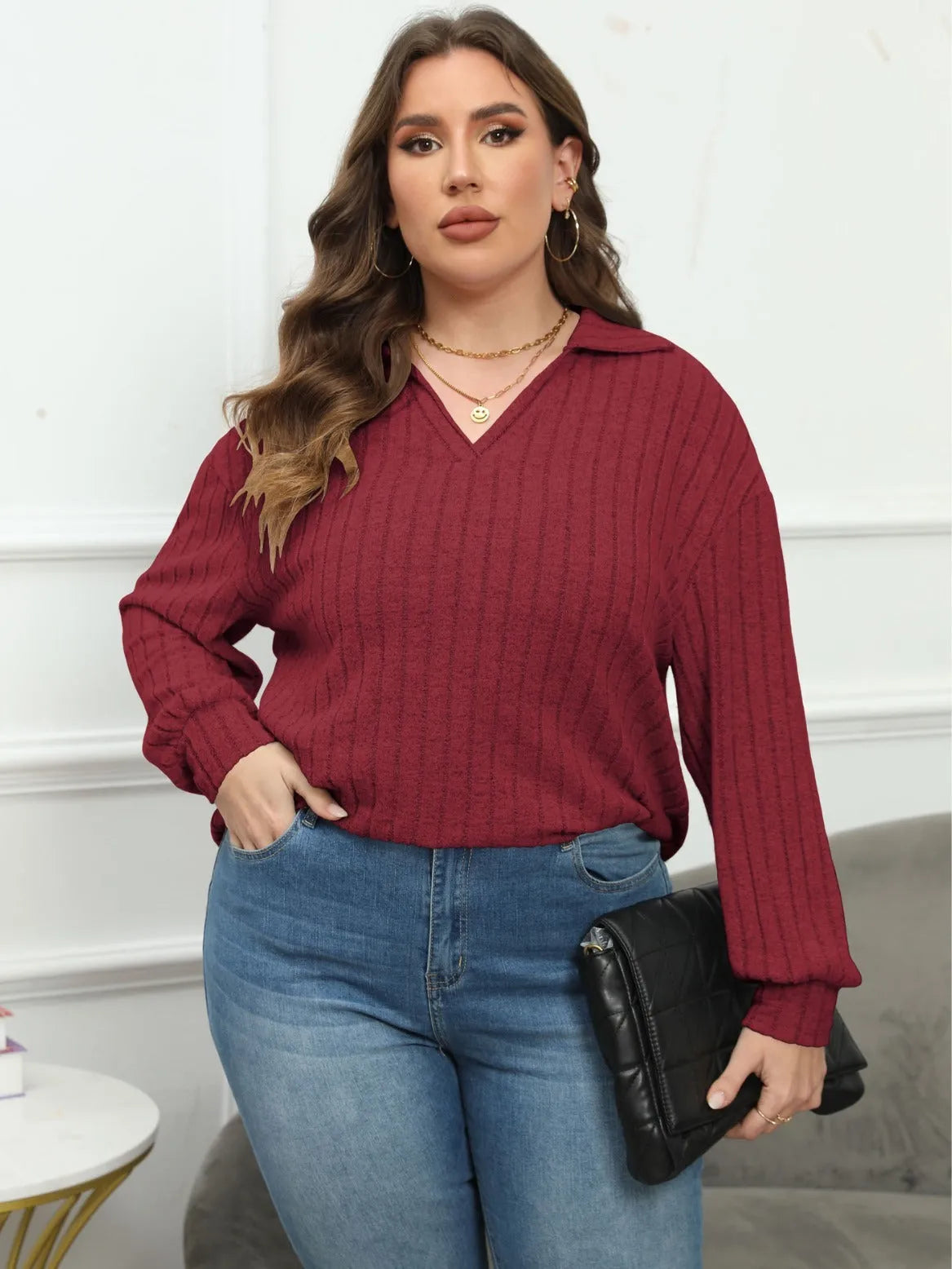 Women's plus size gray fleece shirt with a polo collar and puffed lantern sleeves in a Gothic streetwear style.